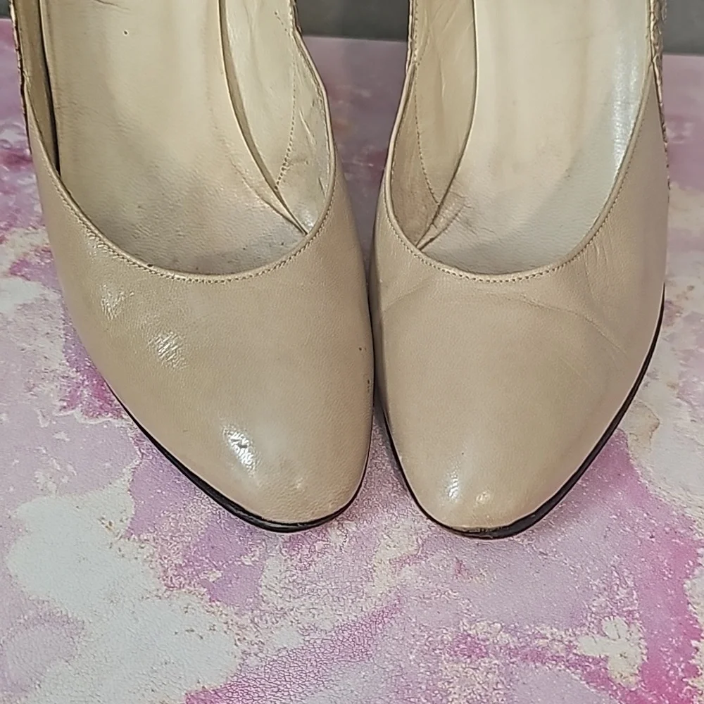 👠Christian Dior Vintage Tan Leather & Snakeskin-Textured Trim Heels -Size 7 👠